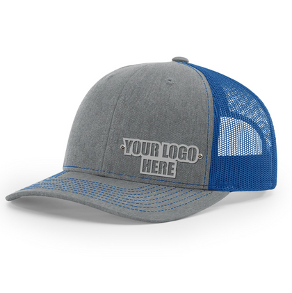 Gorras de empresa personalizadas con logotipo: gorra de camionero de malla azul y gris jaspeado, diseño de acero inoxidable en relieve