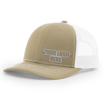 Gorras de empresa personalizadas con logotipo: gorra de camionero de malla color caqui y blanco, diseño de acero inoxidable en relieve