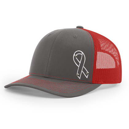 Breast Cancer Ribbon Hat - Charcoal w/Red Mesh - Headgear Hats