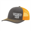 Gorras de empresa personalizadas con logotipo: gorra de camionero de malla color carbón y naranja, diseño de acero inoxidable en relieve