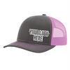 Gorras de empresa personalizadas con logotipo: gorra de camionero de malla color carbón y rosa, diseño de acero inoxidable en relieve