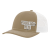 Gorras de empresa personalizadas con logotipo: gorra de camionero de malla color caqui y blanco, diseño de acero inoxidable en relieve