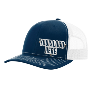 Custom Company Hats With Logo - Navy w/White Mesh Trucker Hat – Raised Stainless Design - Headgear Hats