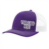 Gorras de empresa personalizadas con logotipo: gorra de camionero de malla morada y blanca, diseño de acero inoxidable en relieve