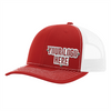 Gorras de empresa personalizadas con logotipo: gorra de camionero de malla roja y blanca, diseño de acero inoxidable en relieve